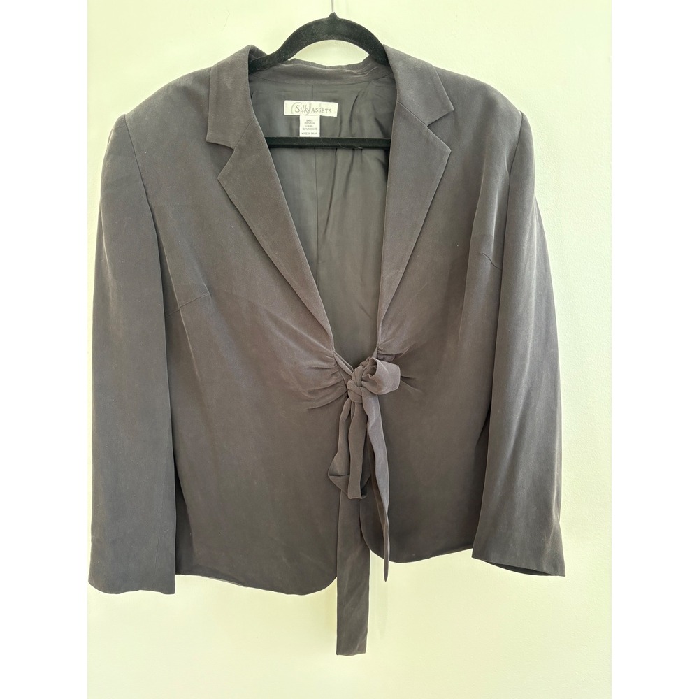 Vintage Silk Assets Black 100% Silk Front‎ Tie Blazer Jacket Women Large RN94983